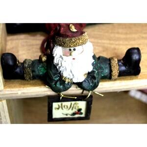 Resin Santa Figurine Shelf Sitter • Red & Green • Hanging Sign "HoHo" • 4" Tall